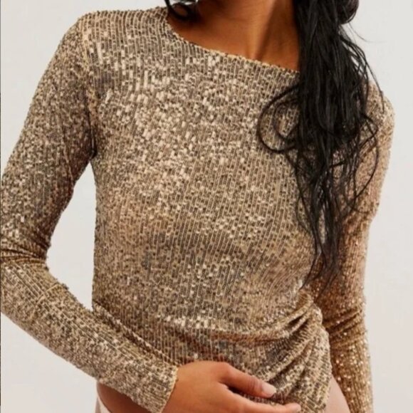 🌞NWT Small Free People Intimately Gold Rush Long Sleeve Sequin Top - Gold, #56 - Picture 4 of 6